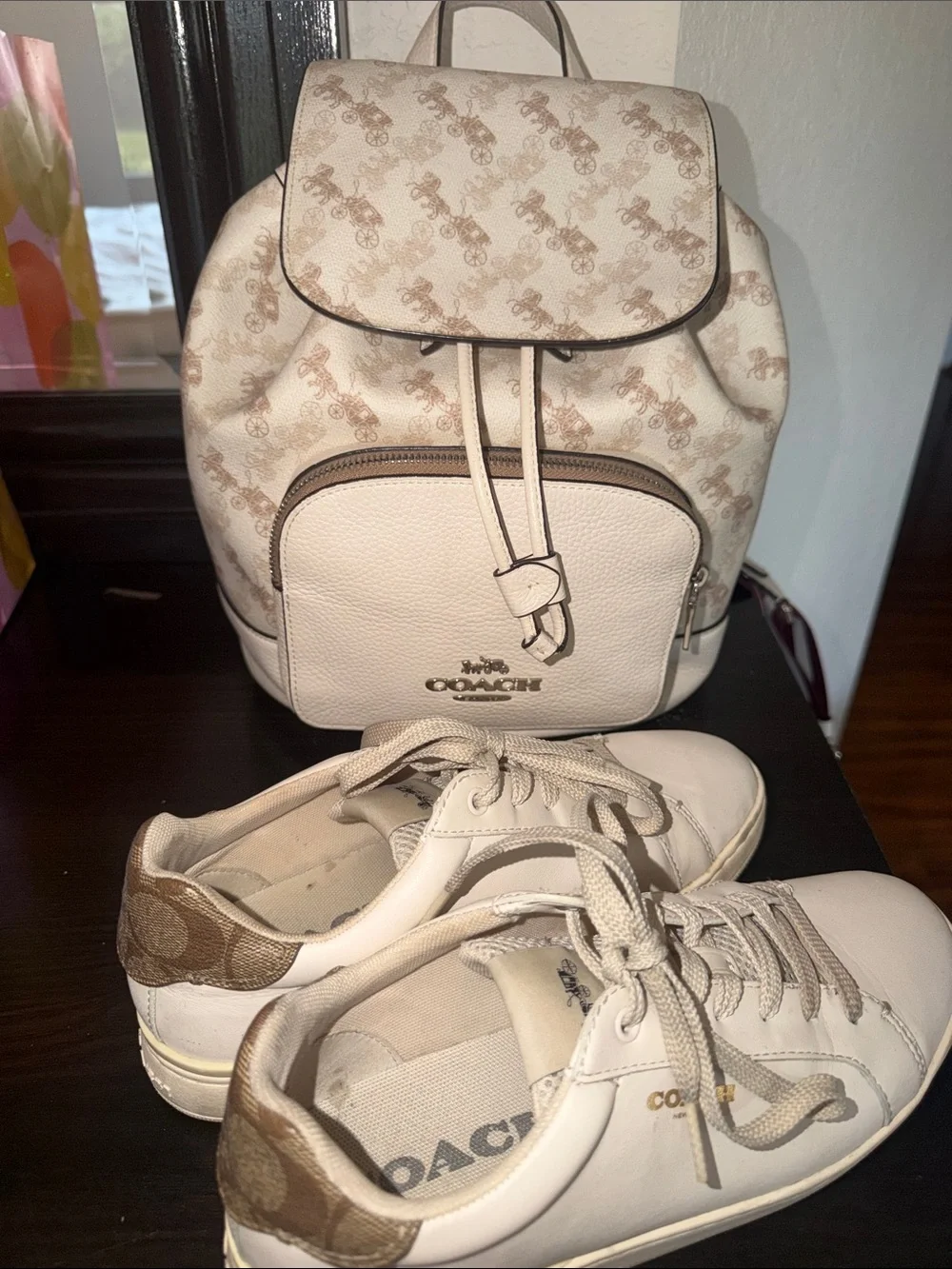 Coach Signature Print Cream Backpack